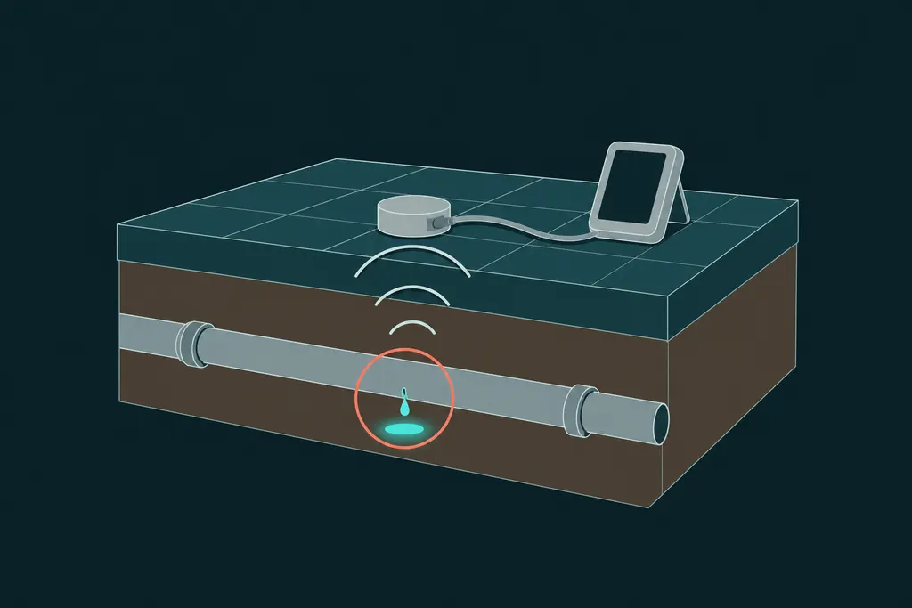 Acoustic leak detector puck on a tiled floor picking up sound waves from a pinhole leak in a pipe under the slab