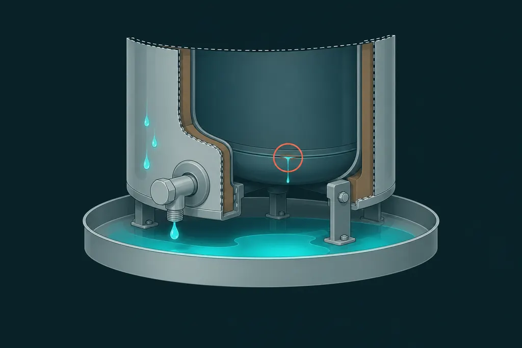 Lower part of a tank water heater in a drain pan with water at the drain valve, condensation on the tank and a seep from the bottom seam
