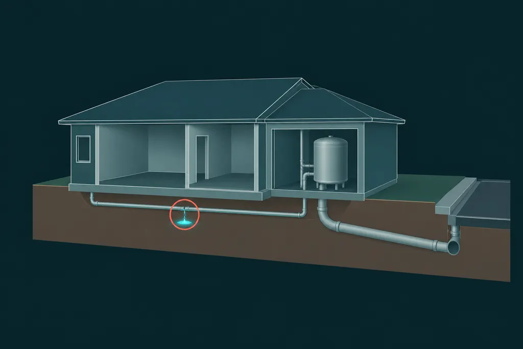 Cutaway of a house on a concrete slab with a small glowing leak in a pipe under the floor, a water heater in the garage and a sewer pipe under the yard