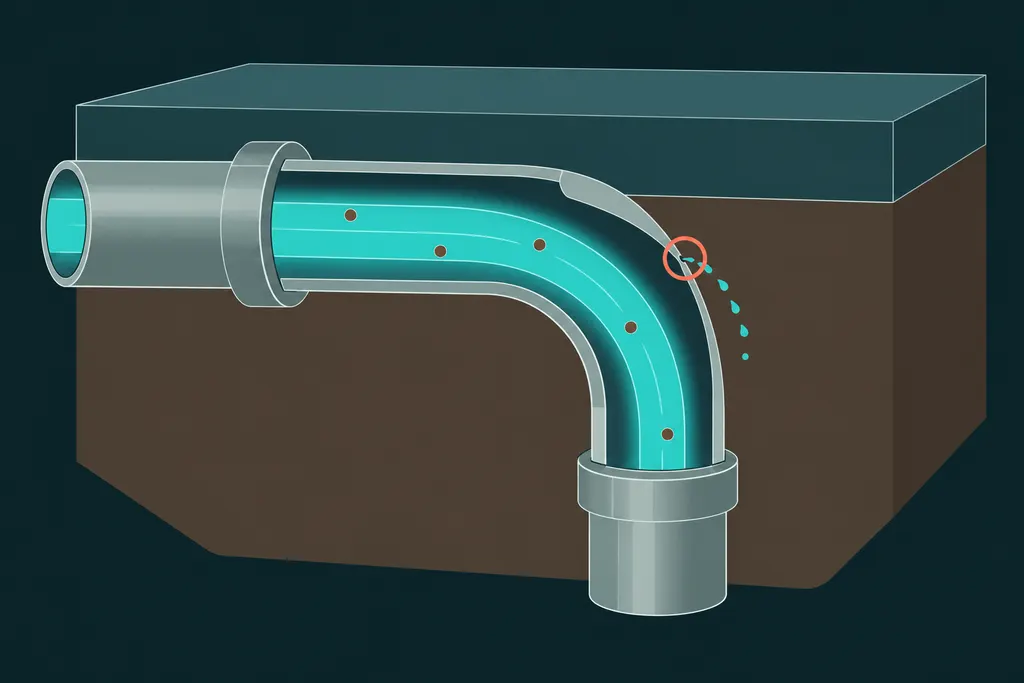 Cutaway of a pipe elbow under a slab, worn thin from the inside by fast-moving water and sediment, with a pinhole leak