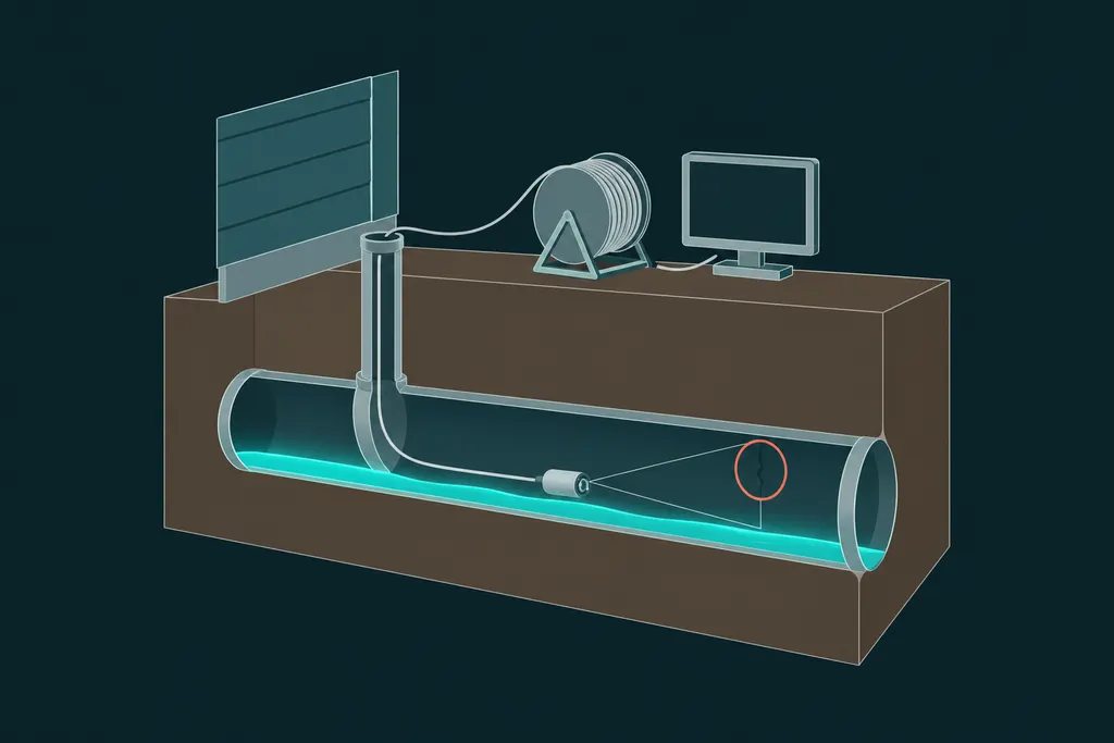 Camera on a push cable inside a buried sewer pipe lighting up a crack, fed from a reel through the cleanout