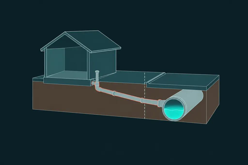 Cutaway of a sewer lateral running from the house past a cleanout and under the yard to the main under the street