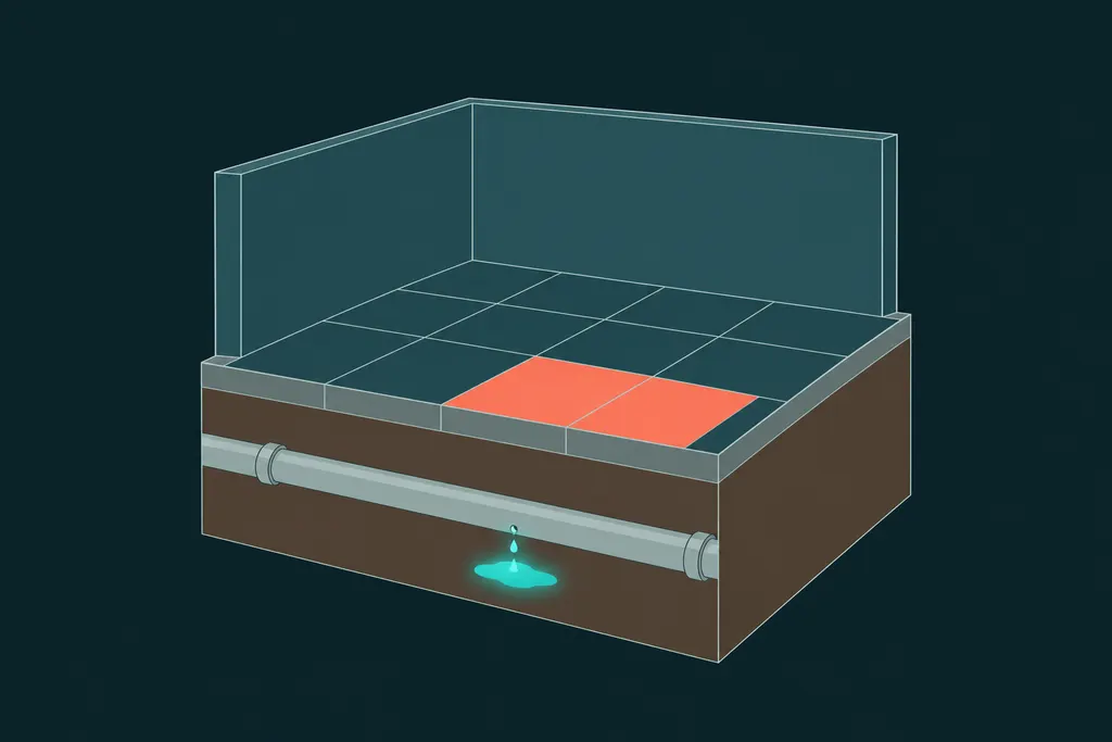 Room on a concrete slab with a leaking hot water pipe below and a warm spot on the floor tiles above it