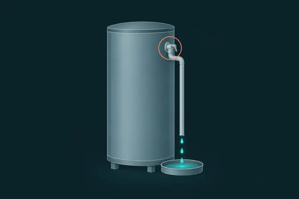 Water heater relief valve with its discharge pipe running down to a drain pan, dripping at the end