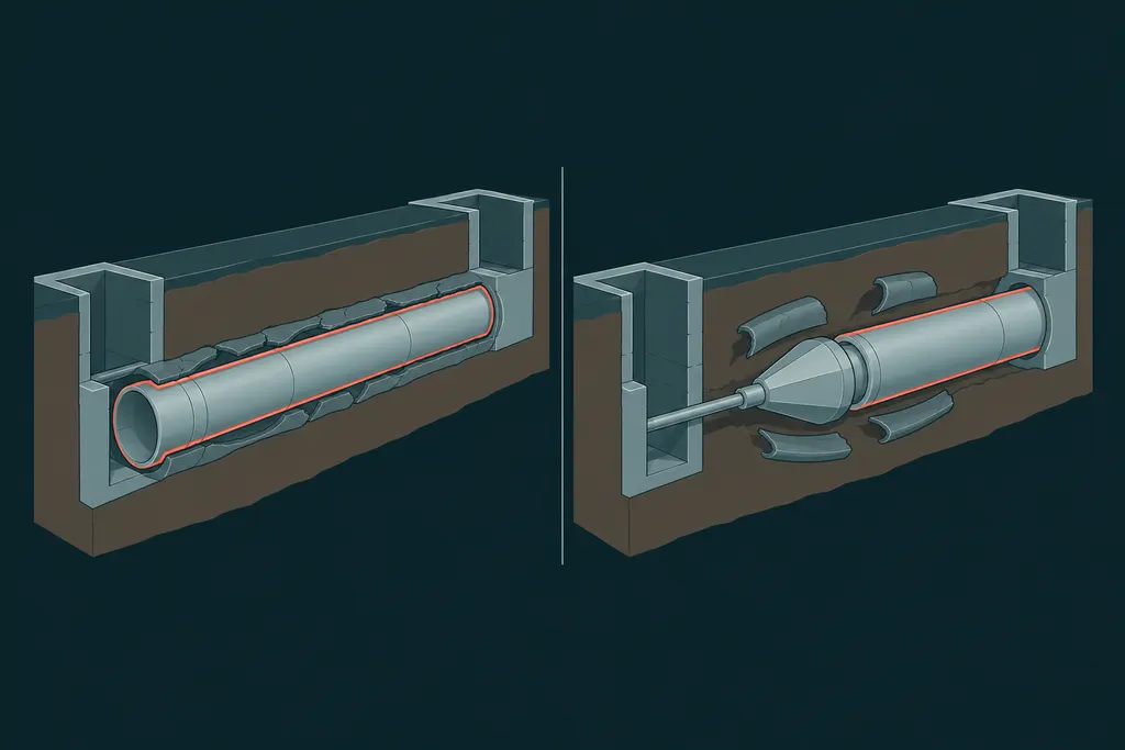 Two trenchless repairs side by side: a liner inside an old pipe, and a bursting head pulling a new pipe through the old one